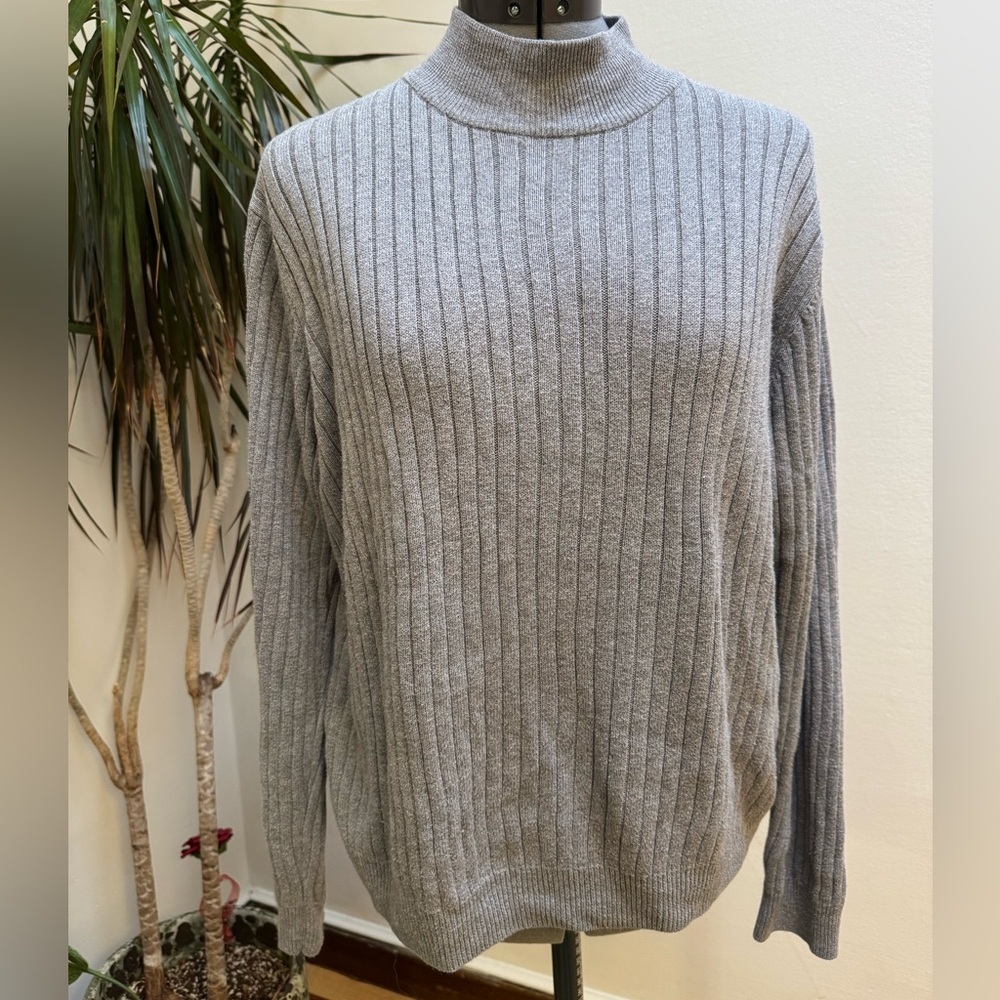 Jeanne Pierre Vintage Style Grey Ribbed Knit Pullover Mock 100% Cotton